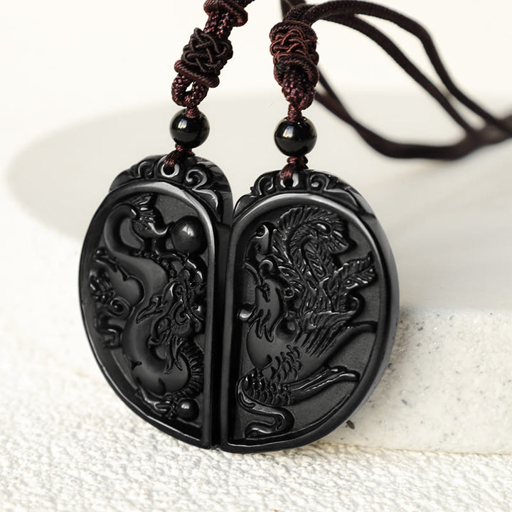 Buddha Stones Black Obsidian Love Dragon Phoenix Protection Necklace Pendant - image 3