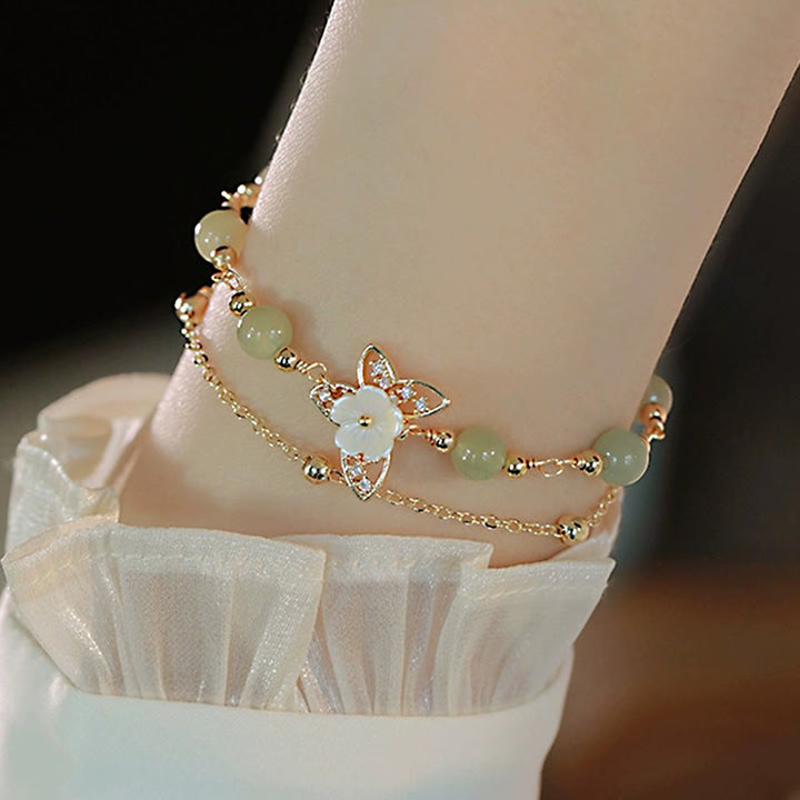 Buddha Stones 14K Gold Plated Jade Butterfly Tridacna Stone Flower Double Layer Luck Bracelet - image 5