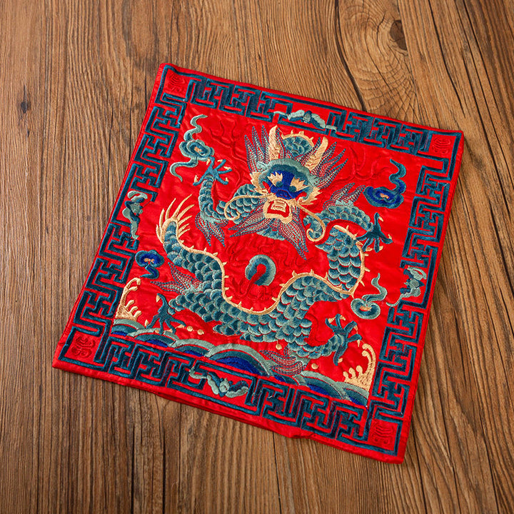 Buddha Stones Phoenix Dragon Kirin Embroidery Cup Mat Pad Tea Cup Coaster Kung Fu Tea Mat - Red Green Dragon - image 24