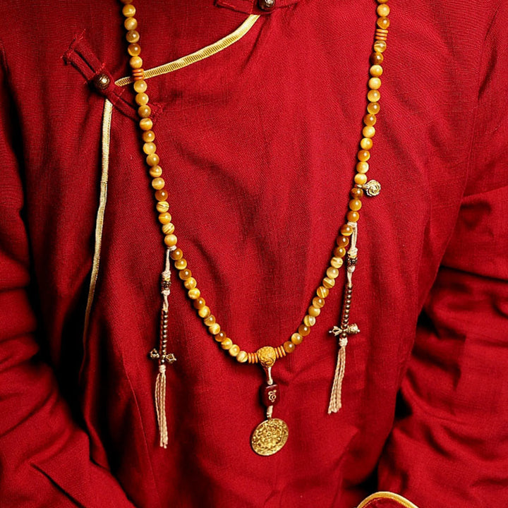 Buddha Stones 108 Mala Beads Natural Tiger Eye Copper Dorje Protection Tassel Bracelet - image 9