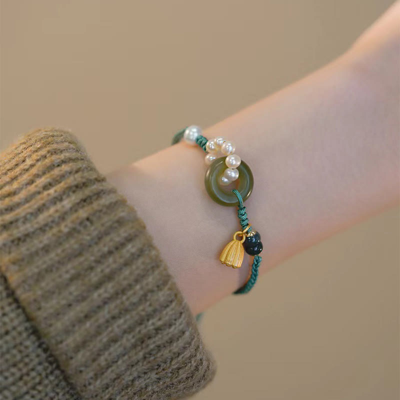 Buddha Stones Natural Hetian Jade Peace Buckle Pearl Luck Handcrafted Braided Bracelet - image 4