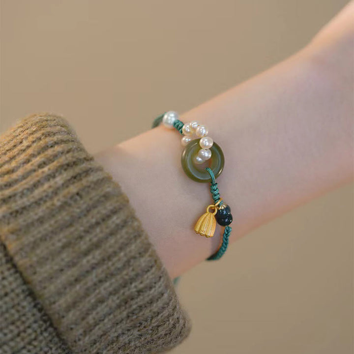Buddha Stones Natural Hetian Jade Peace Buckle Pearl Luck Handcrafted Braided Bracelet - image 4