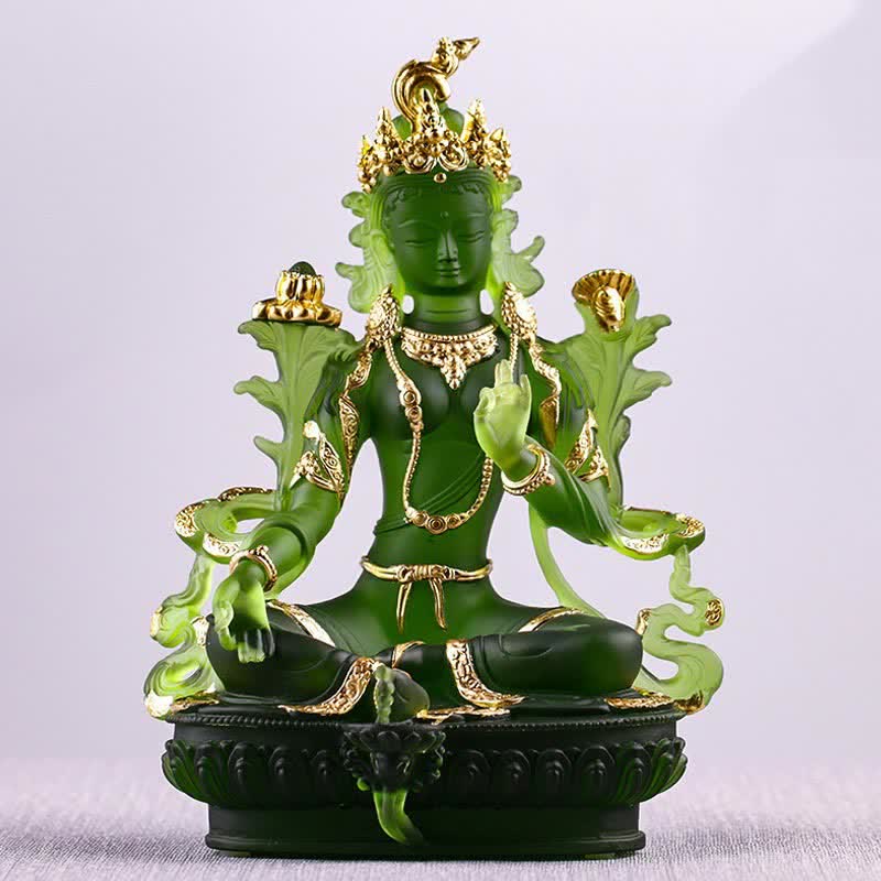 Buddha Stones Bodhisattva Green Tara Handmade Liuli Crystal Art Piece Protection Home Office Statue Decoration - image 0