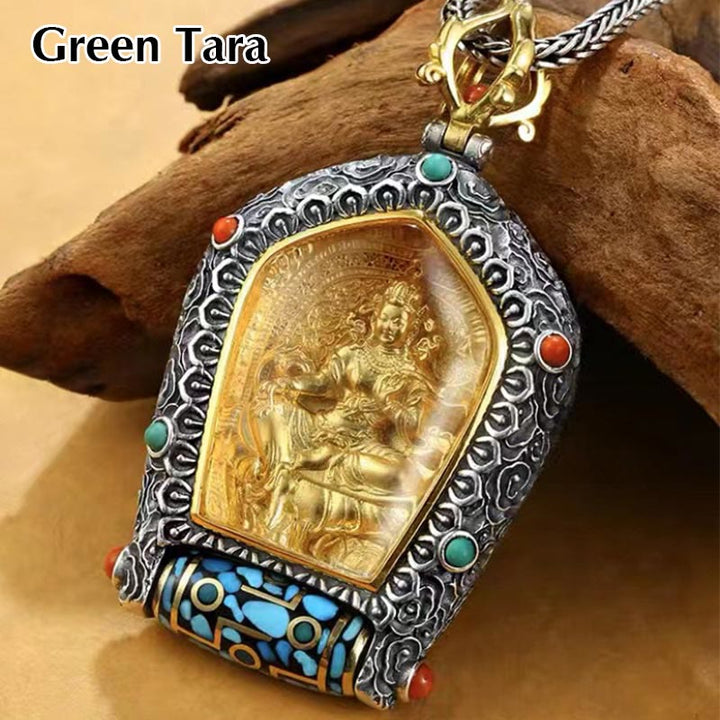 Buddha Stones Tibet Chinese Zodiac Natal Buddha Thangka Prosperity Rotatable Dzi Bead Necklace Pendant - Green Tara - image 14