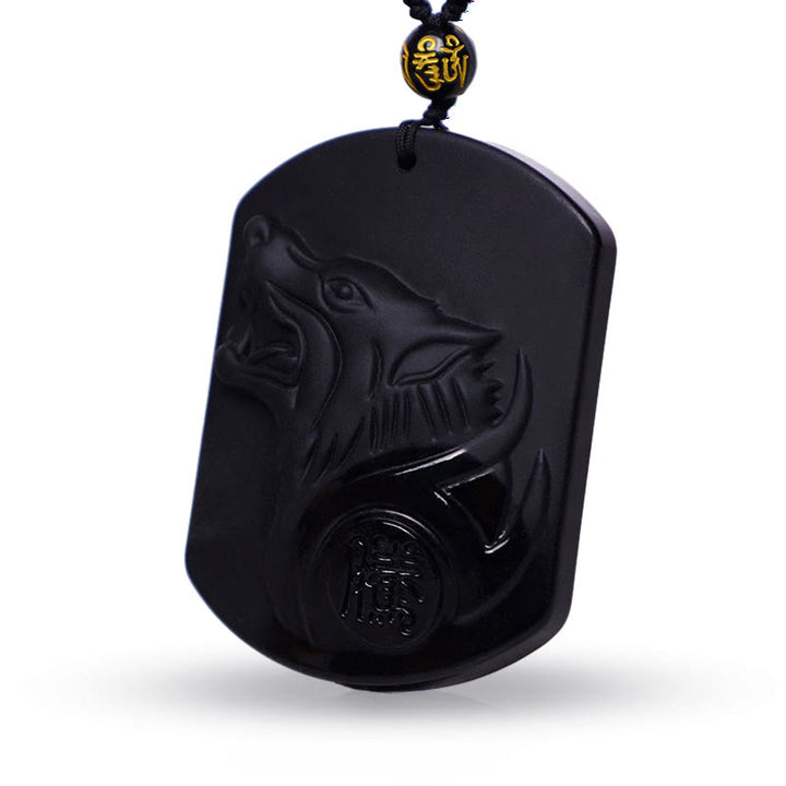 Buddha Stones Black Obsidian Stone Wolf Purification Pendant Necklace - image 2