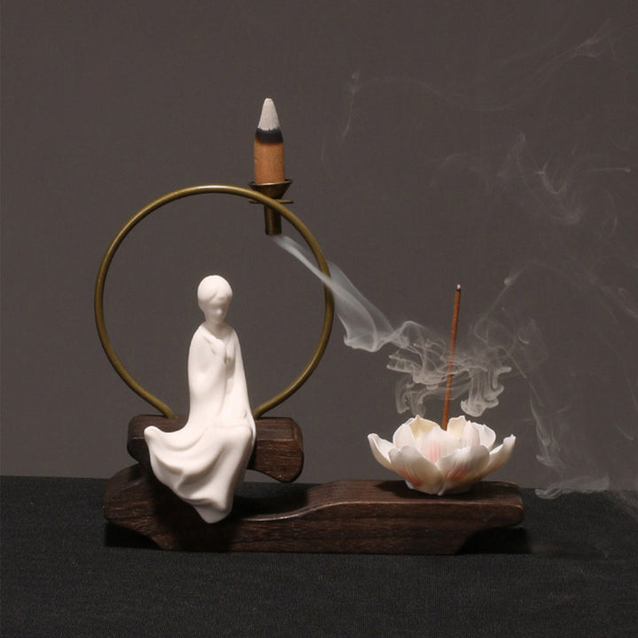 Buddha Stones Ceramic Lotus Healing Meditation Incense Burner Decoration - White Painting - image 7
