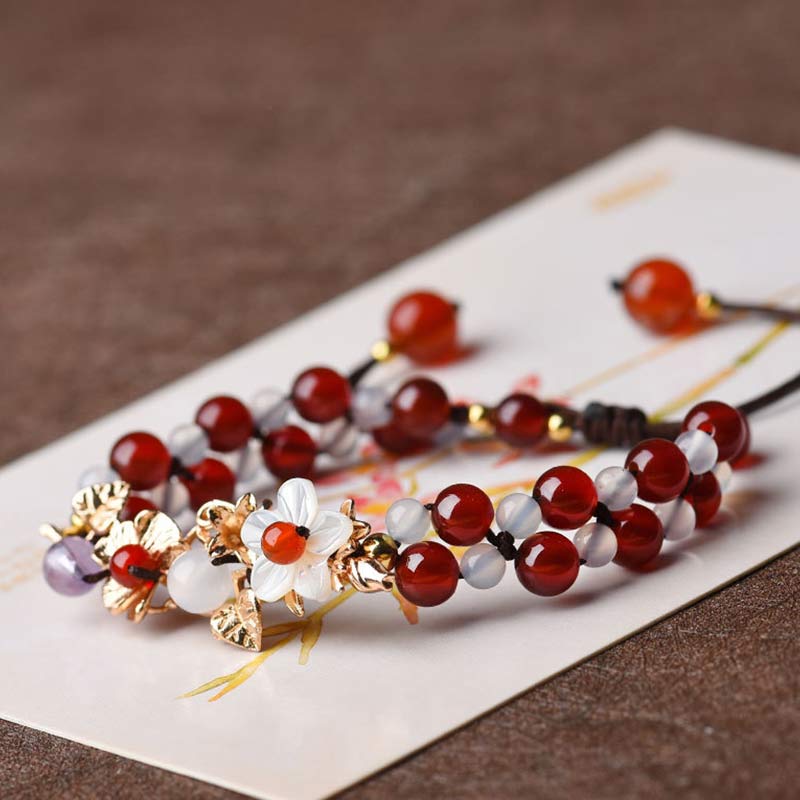 Buddha Stones Green Aventurine Garnet Bead Flower Petal Luck Bracelet - Garnet - White Flower - image 13