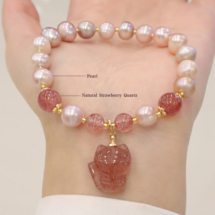 Buddha Stones Natural Pearl Strawberry Quartz Cute Fox Love Healing Charm Bracelet - image 12
