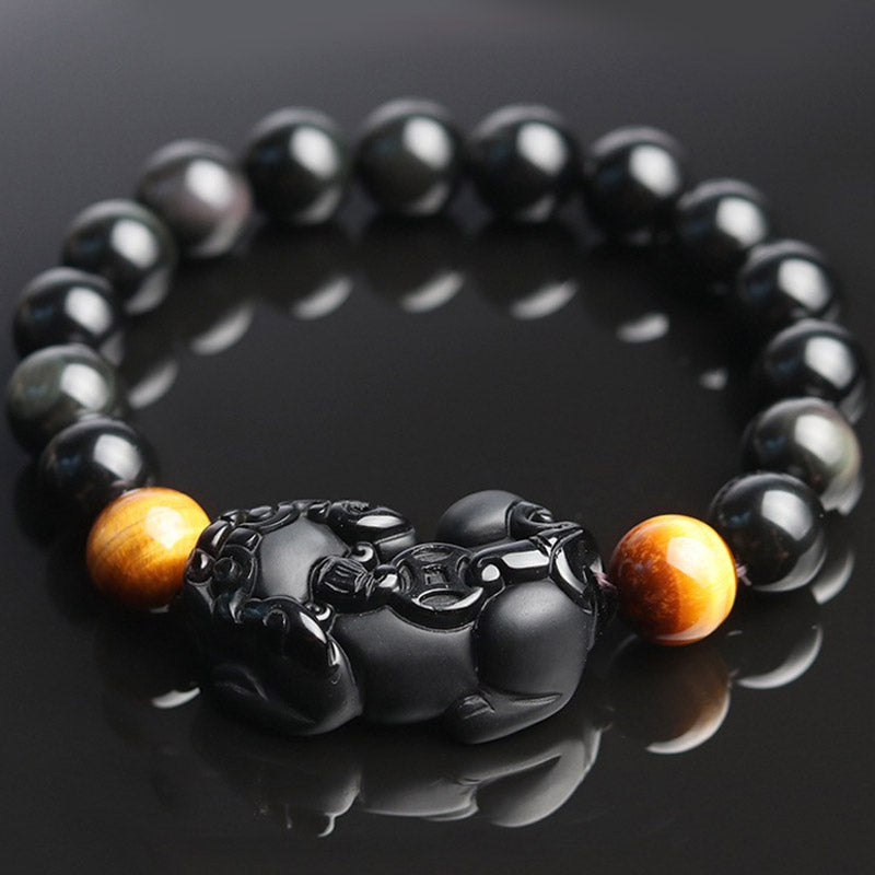 Buddha Stones FengShui PiXiu Rainbow Obsidian Tiger Eye Wealth Bracelet - image 1