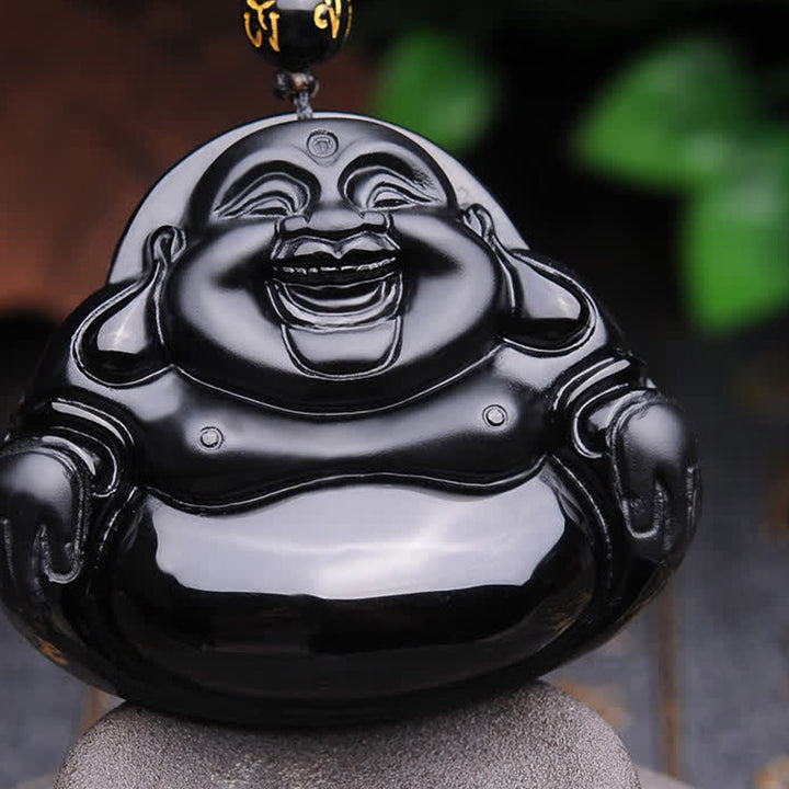 Buddha Stones Laughing Buddha Black Obsidian Transformation Pendant Necklace - Black Obsidian - image 0