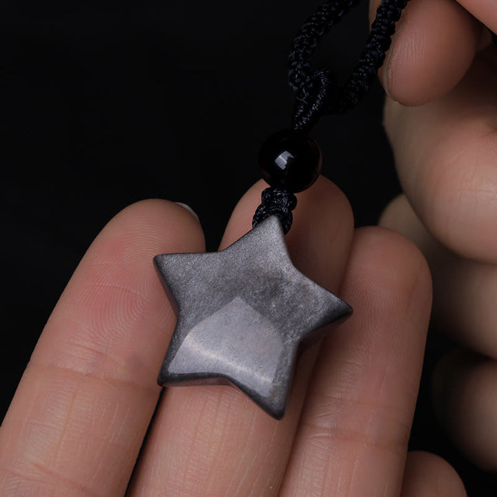 Buddha Stones Natural Silver Sheen Obsidian Star Crescent Moon Protection Necklace Pendant - image 2