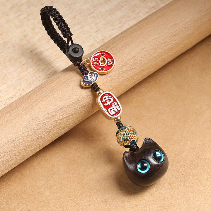 Buddha Stones Ebony Wood Lucky Cat Auspicious Cloud Peace Key Chain Phone Hanging Decoration - Blue Eyes Cat - Key Chain - image 9