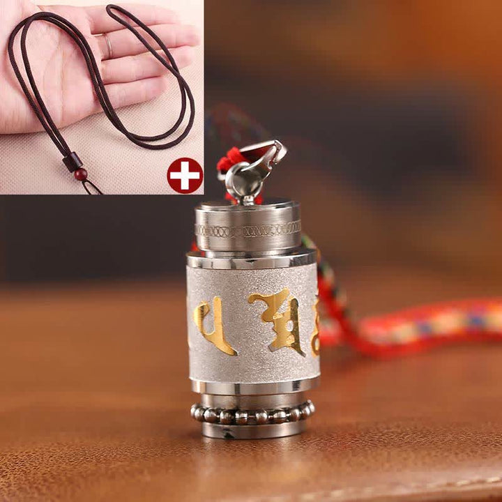 Buddha Stones Tibet Om Mani Padme Hum Shurangama Mantra Titanium Steel Wisdom Amulet Necklace Pendant - 1.4*2.4cm - Silver - Brown String - image 27