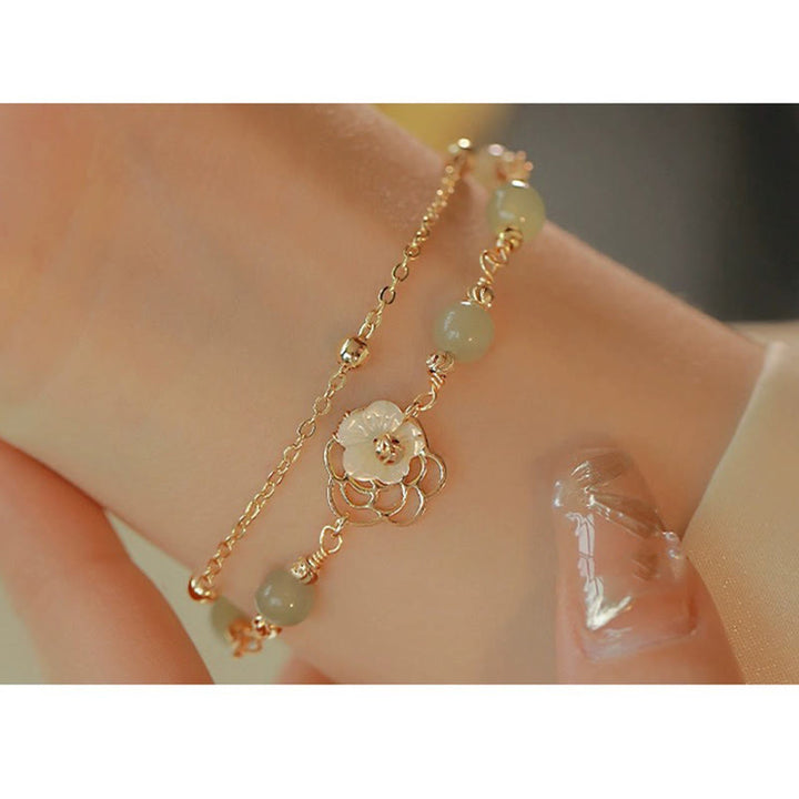 Buddha Stones 14K Gold Plated Jade Butterfly Tridacna Stone Flower Double Layer Luck Bracelet - image 17