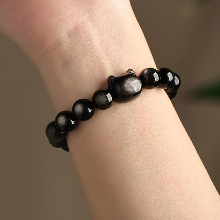 Buddha Stones Gold Sheen Obsidian Silver Sheen Obsidian Lovely Paw Lucky Cat Protection Bracelet - image 21