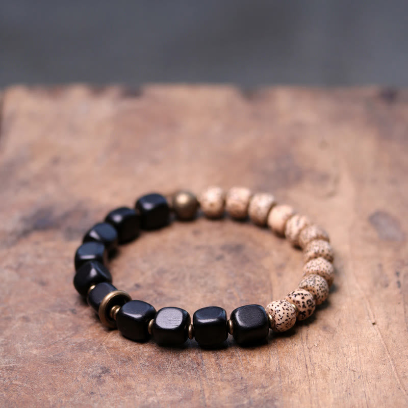 Buddha Stones Tibetan Bodhi Seed Black Obsidian Ebony Wood Copper Peace Bracelet - Bodhi Seed&Square Ebony Wood - 18cm - image 5