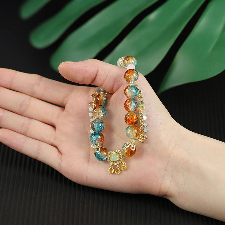 Buddha Stones Colorful Liuli Glass Bead Chinese Lock Charm Fortune Bracelet - image 8