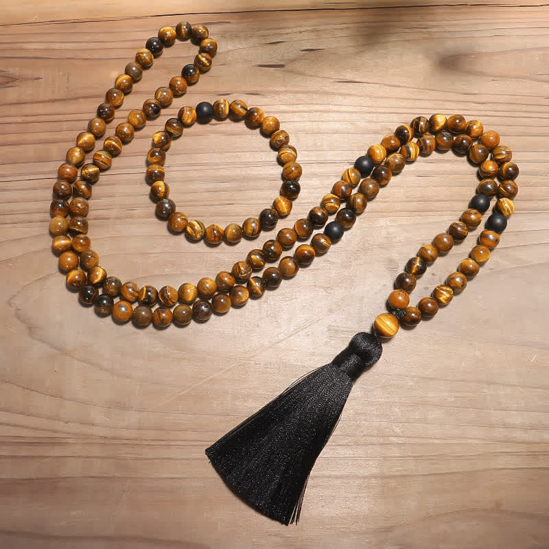 Buddha Stones 108 Beads Mala Tiger Eye Protection Tassel Bracelet - image 0