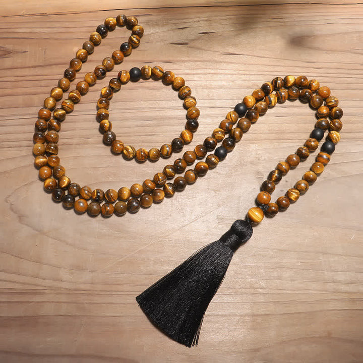 Buddha Stones 108 Beads Mala Tiger Eye Protection Tassel Bracelet - image 0