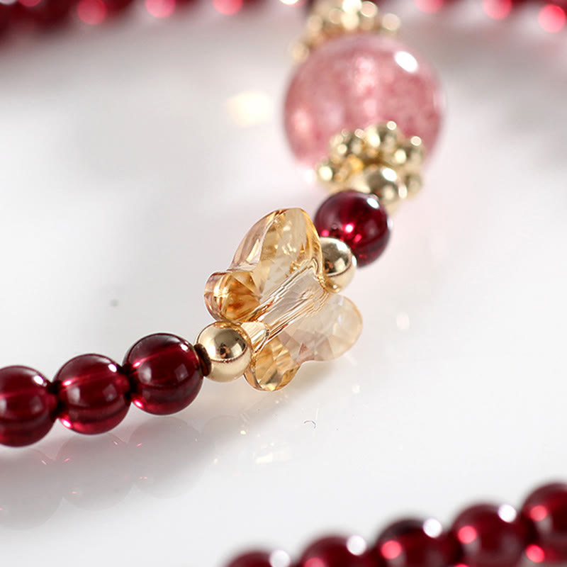 Buddha Stones 14K Gold Plated Natural Garnet Strawberry Quartz Butterfly Protection Double Wrap Bracelet - image 7