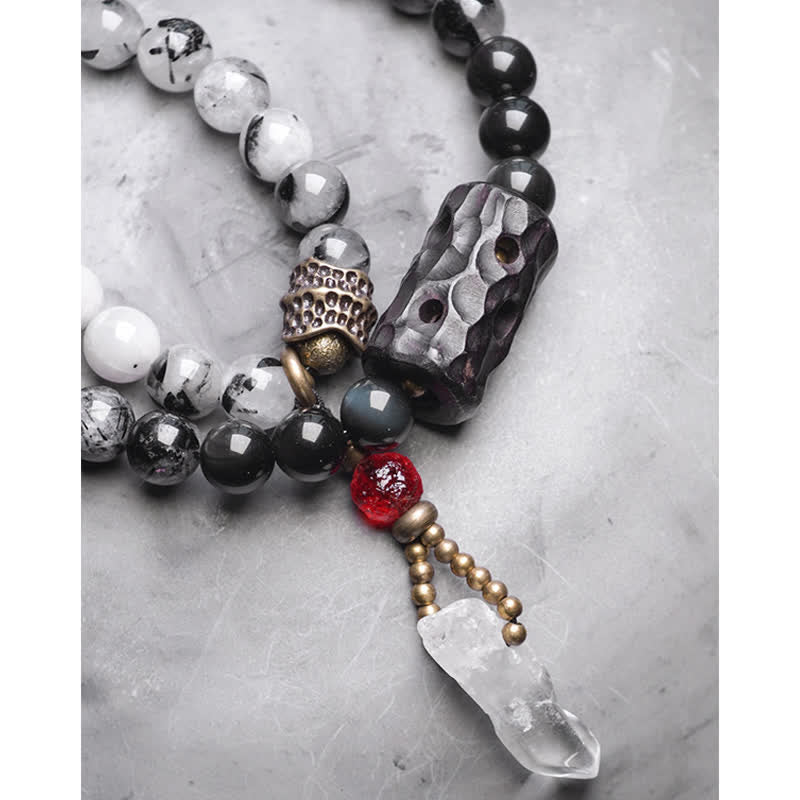 Buddha Stones Black Rutilated Quartz Ebony Wood White Crystal Success Couple Bracelet - image 15