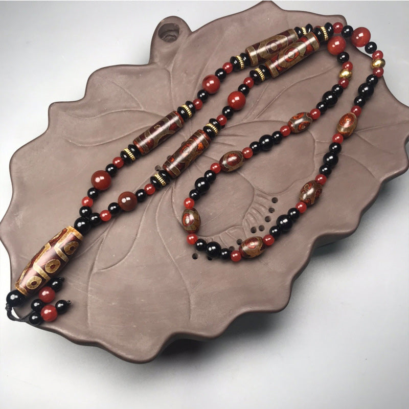 Buddha Stones Nine-Eye Dzi Bead Red Agate Wealth Health Necklace - image 0