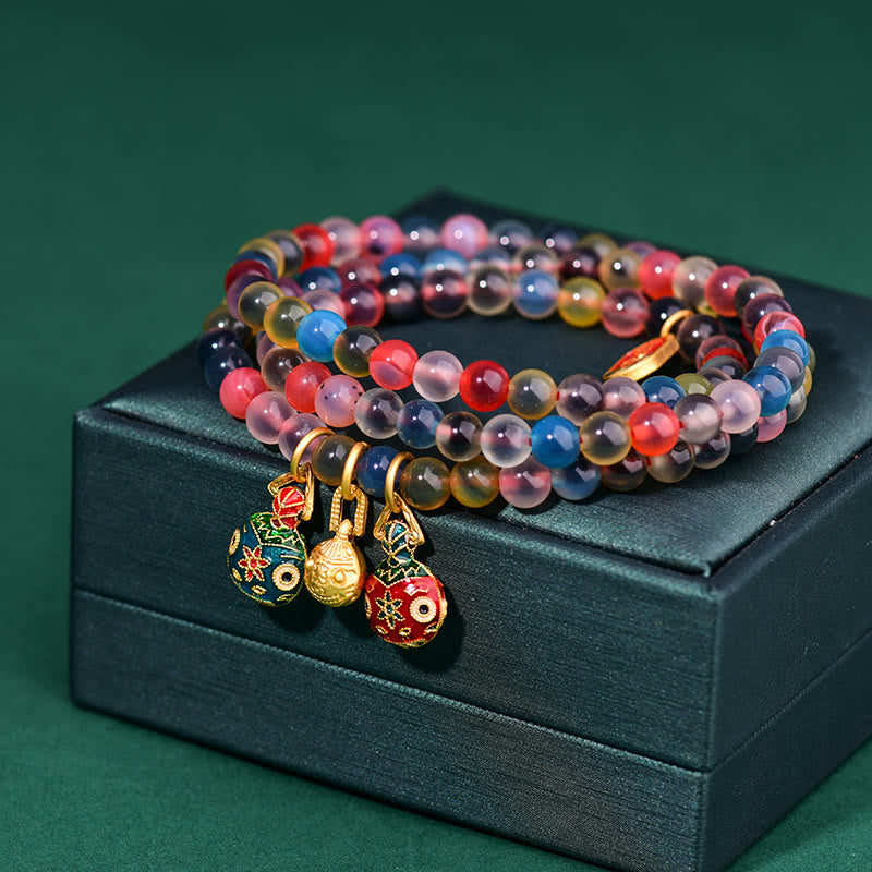 Buddha Stones Colorful Candy Agate Gold Swallowing Beast Family Strength Charm Triple Wrap Bracelet - image 5