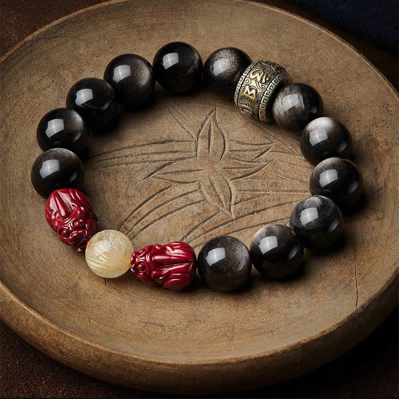 Buddha Stones Gold Sheen Obsidian PiXiu Cinnabar Om Mani Padme Hum Protection Bracelet - image 12
