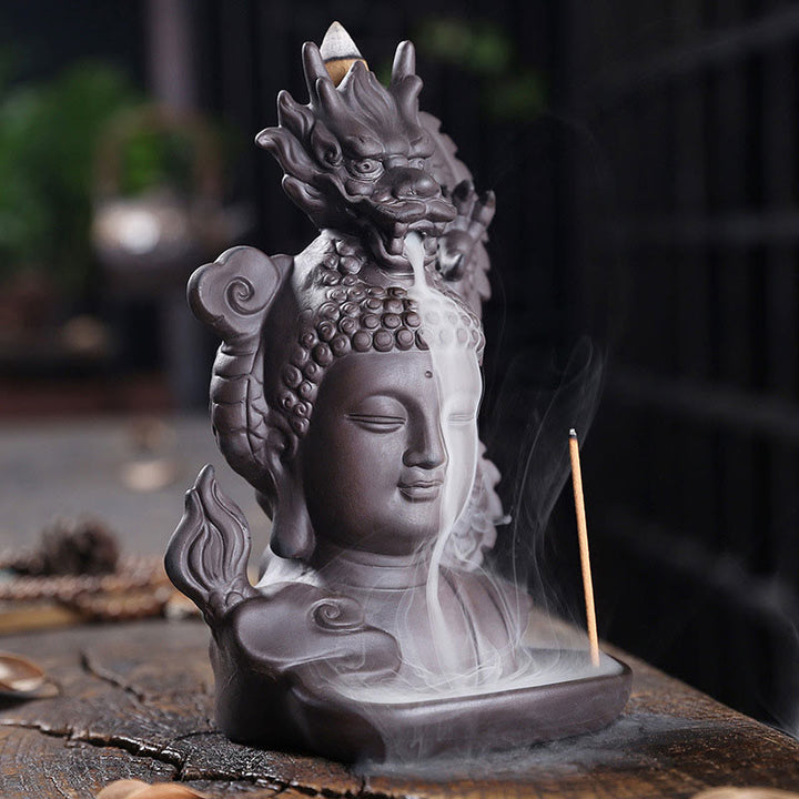 Buddha Stones Dragon Buddha Auspicious Clouds Purple Clay Healing Incense Burner Decoration - image 1