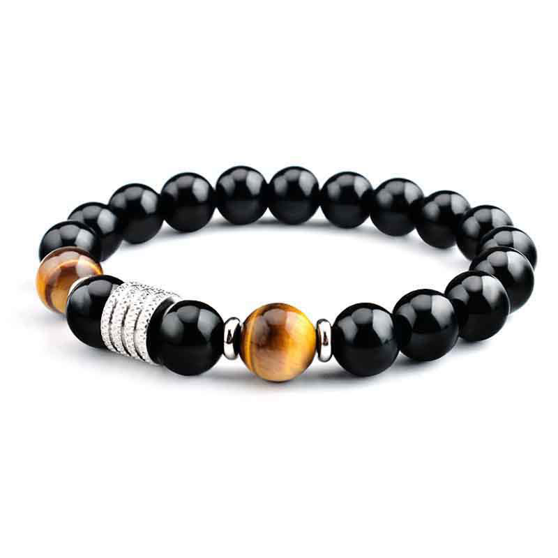 Buddha Stones Natural Black Obsidian Tiger Eye Strength Fulfillment Bracelet - Black Obsidian&Tiger Eye - Elastic String(Wrist Circumference: 17cm) - image 0