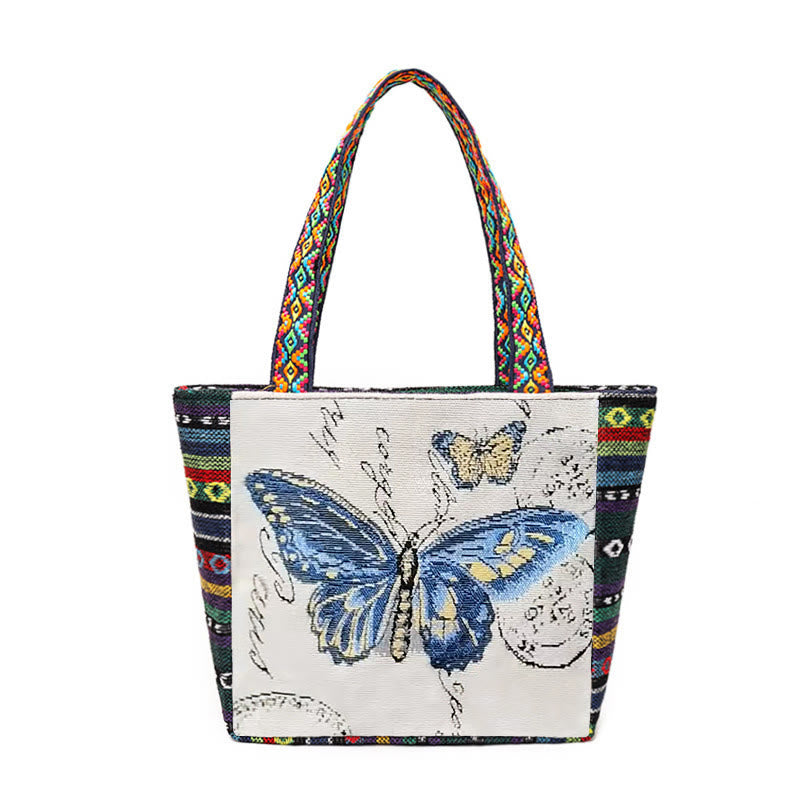 Buddha Stones Elephant Butterfly Embroidered Large Capacity Canvas Tote Bag Shoulder Bag - Blue Butterfly - image 19
