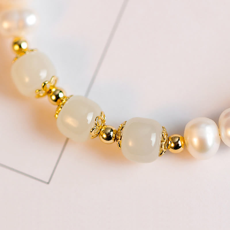 Buddha Stones 14K Gold Plated Natural Pearl Hetian Cyan Jade White Jade Sincerity Bead Chain Bracelet - image 15