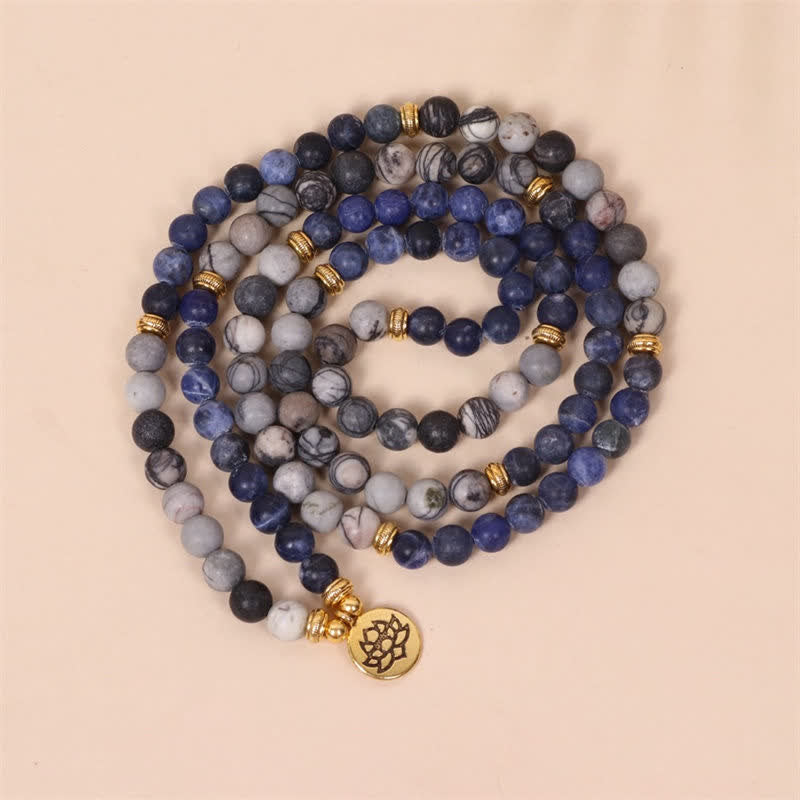 Buddha Stones 108 Mala Beads Sodalite Zebra Jasper Crystal Lotus Strength Bracelet - image 2