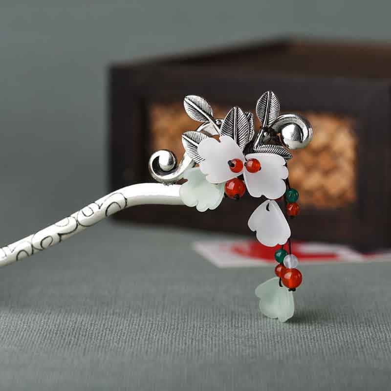 Red Agate Flower Leaf Calm Confidence Tassel Hairpin - image 1