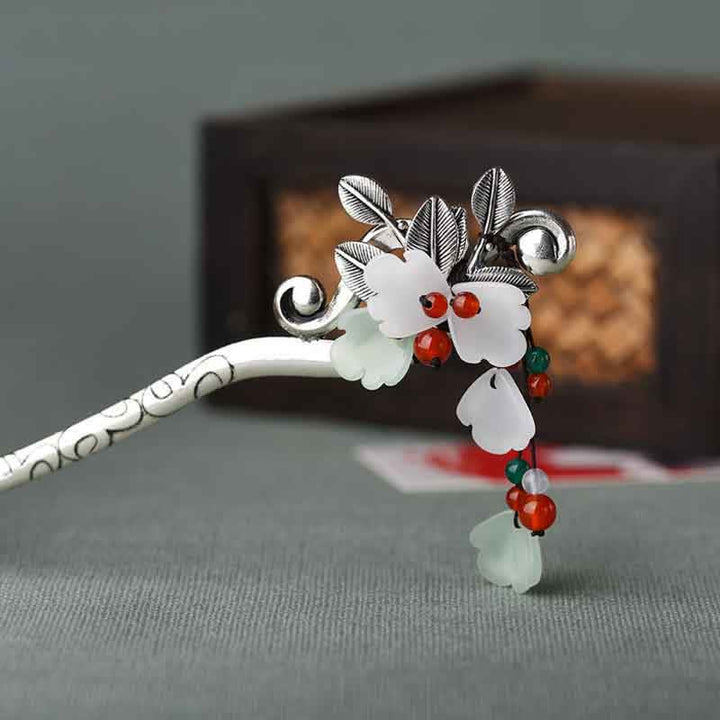 Red Agate Flower Leaf Calm Confidence Tassel Hairpin - image 1