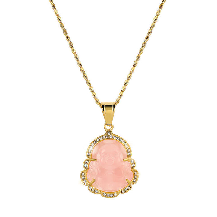 Buddha Stones 18K Gold Filled Laughing Buddha Jade Luck Necklace Chain Pendant - Pink - image 8