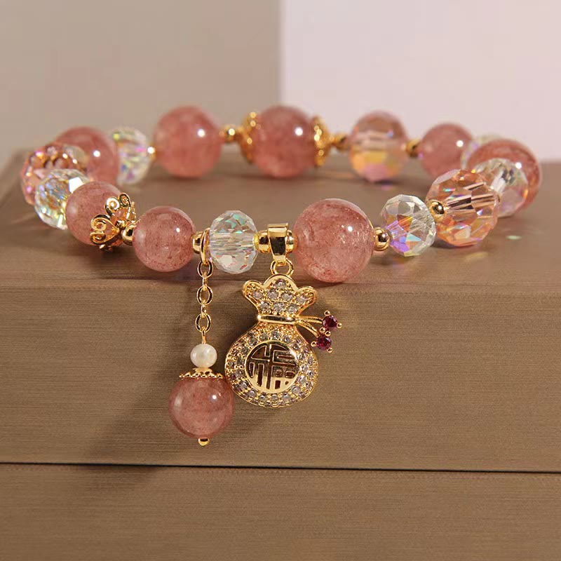 Buddha Stones Natural Strawberry Quartz Crystal Money Bag Charm Positive Bracelet - Strawberry Quartz(Love♥Healing) - image 0