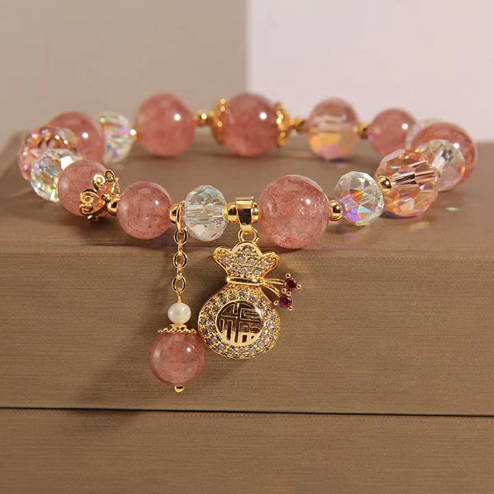 Buddha Stones Natural Strawberry Quartz Crystal Money Bag Charm Positive Bracelet - Strawberry Quartz(Love♥Healing) - image 0
