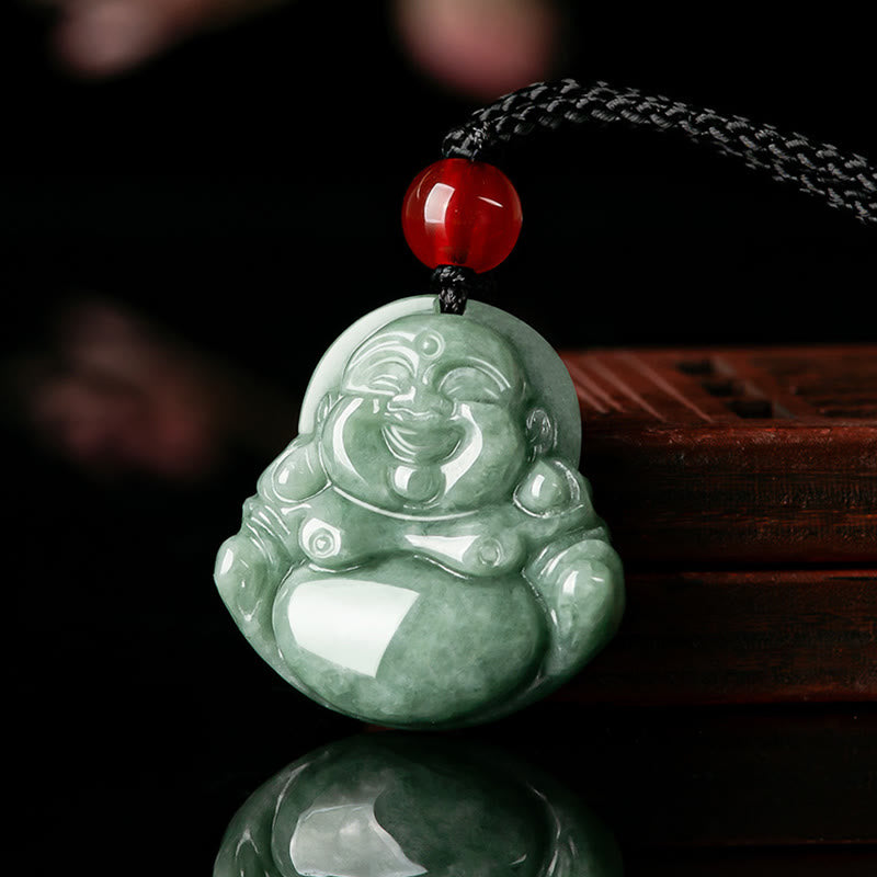 Buddha Stones Natural Green Jade Laughing Buddha Luck Abundance Necklace Pendant - Laughing Buddha(Happiness♥Wealth) - image 0