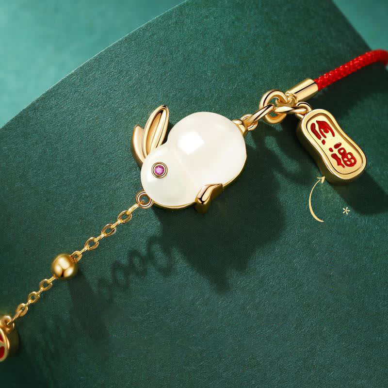 Buddha Stones Year of the Rabbit White Jade Happiness Red String Chain Bracelet - image 3