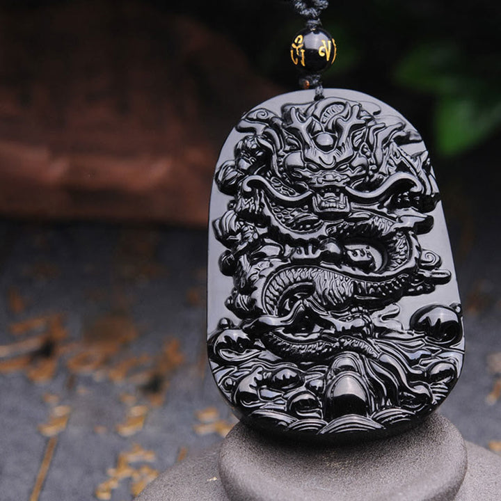 Buddha Stones Black Obsidian Stone Dragon Fulfilment Pendant Necklace - image 9