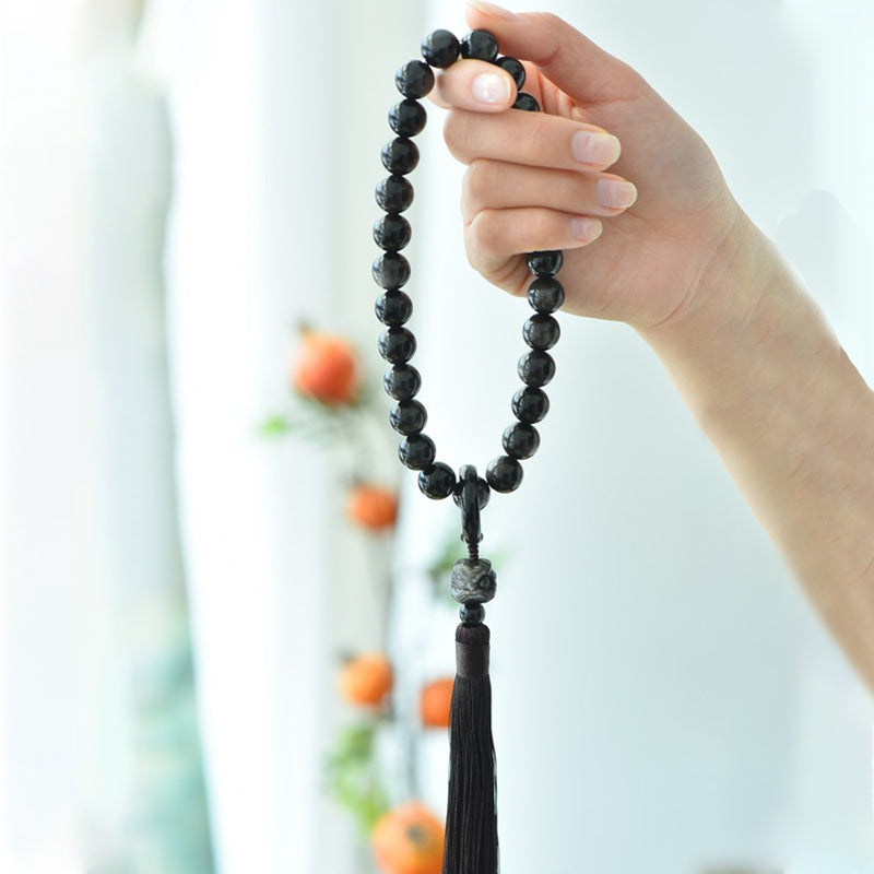 Buddha Stones Natural Silver Sheen Obsidian Lion Wrist Mala Protection Tassels Pocket Mala Car Decoration - image 3