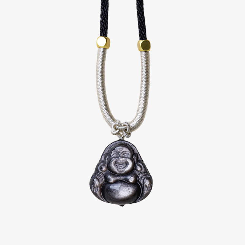 Buddha Stones Natural Silver Sheen Obsidian Laughing Buddha Protection Necklace Pendant - image 10