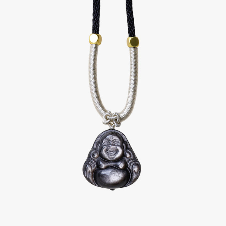 Buddha Stones Natural Silver Sheen Obsidian Laughing Buddha Protection Necklace Pendant - image 10