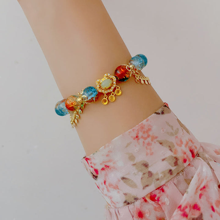 Buddha Stones Colorful Liuli Glass Bead Chinese Lock Charm Fortune Bracelet - image 4
