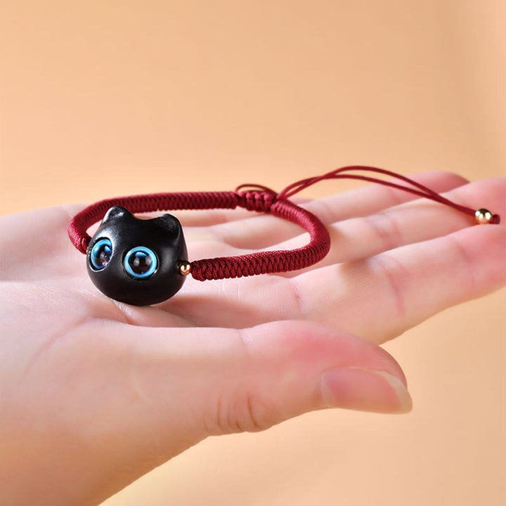 Buddha Stones Ebony Wood Cat Head Pattern Peace King Kong Knot Braided Bracelet - image 4