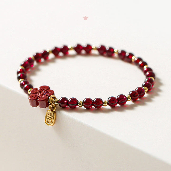 Buddha Stones 14K Gold Plated Natural Garnet Cinnabar Flower Calm Bracelet - image 2