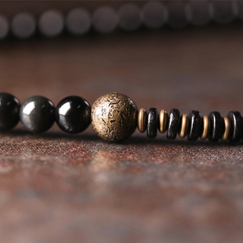 Buddha Stones Rainbow Obsidian Ebony Wood Copper Positive Multilayer Bracelet - image 5