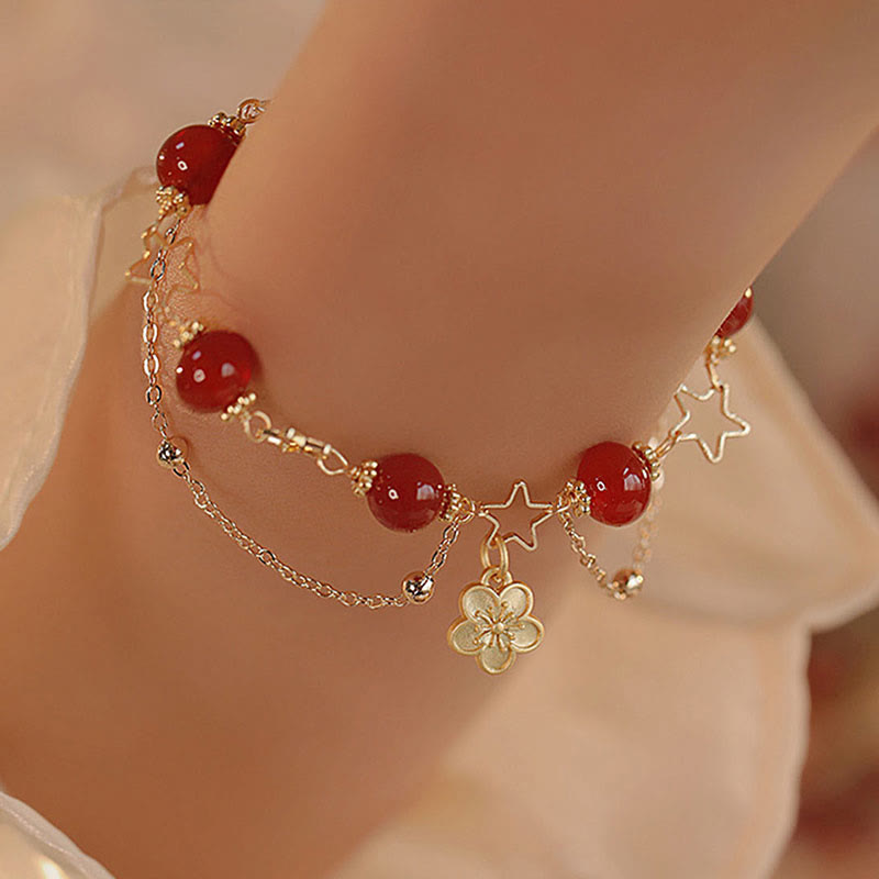 Buddha Stones 14k Gold Plated Red Agate Star Flower Charm Calm Bracelet - image 4