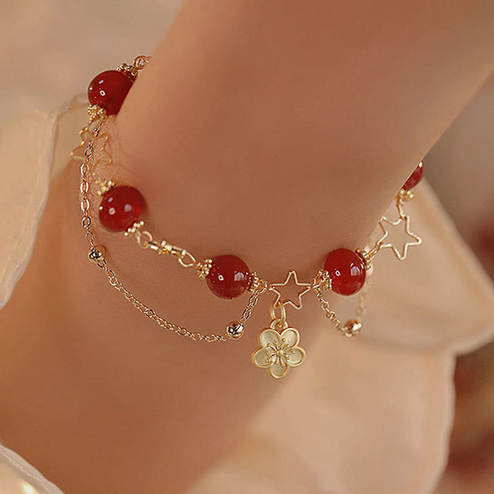 Buddha Stones 14k Gold Plated Red Agate Star Flower Charm Calm Bracelet - image 4